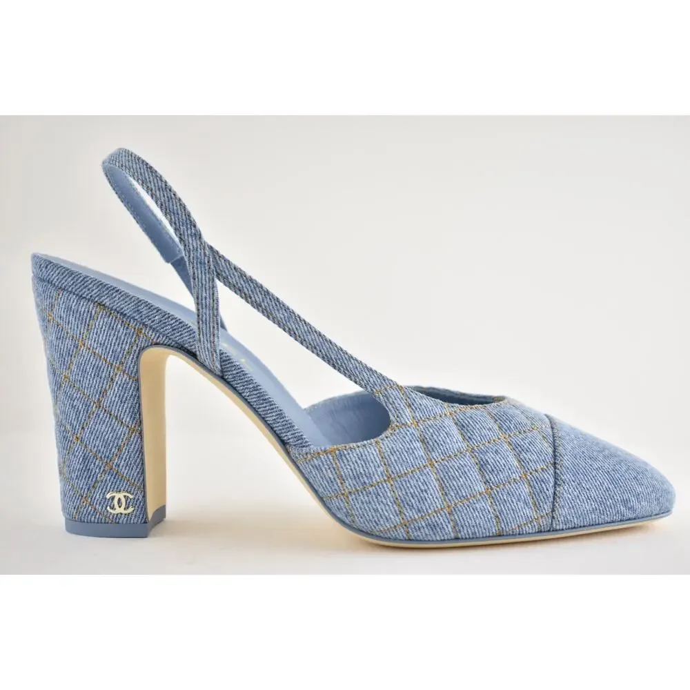 Chanel 26B Light Blue Denim Quilted Coco Sling Slingback Block Heel Pump 38.5c